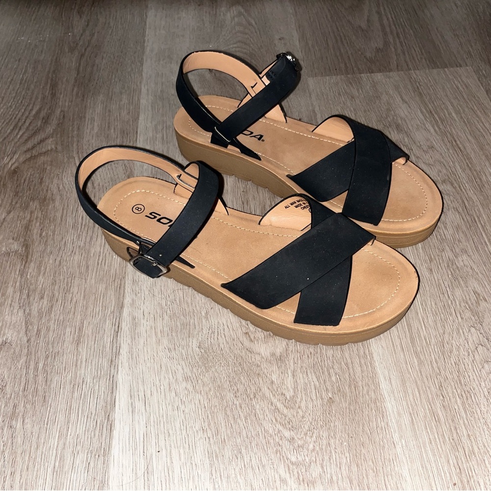 Soda Black and Tan Sandals with Adjustable Ankle Strap